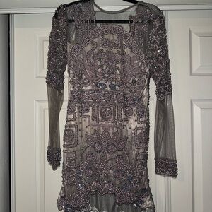 Chic Beaded Long Sleeve Formal Dress in Purple and Gray